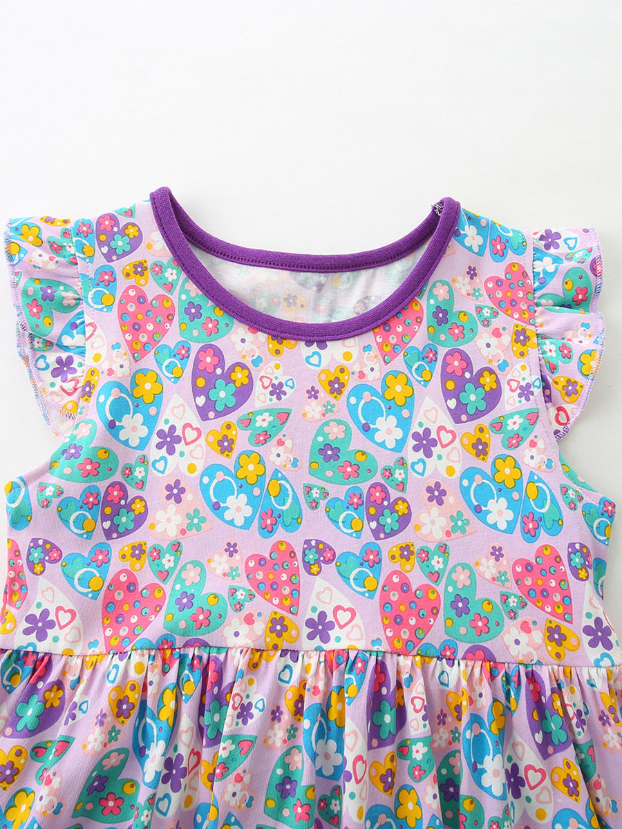 Baby girls' purple cotton dress with colorful heart and butterfly print, flutter sleeves.
