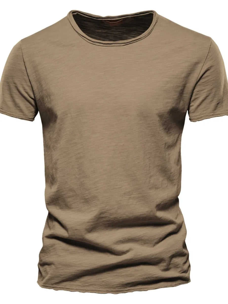 Textured slub cotton crewneck tee in Taupe with a distressed neckline.