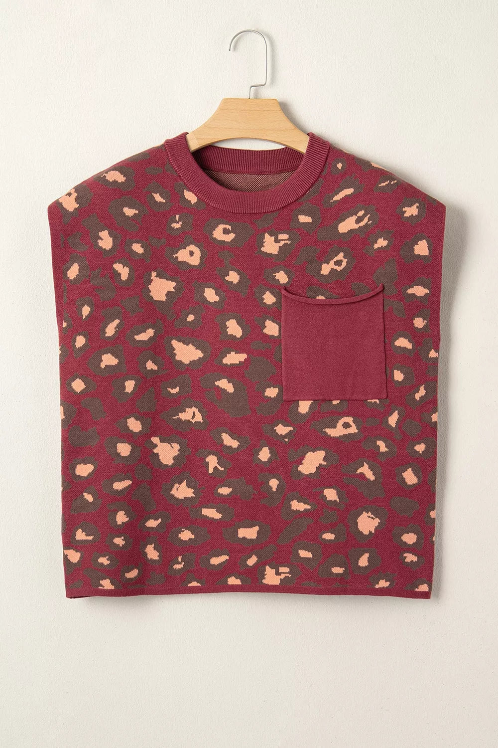 peach pullover sweater featuring pocketed and leopard