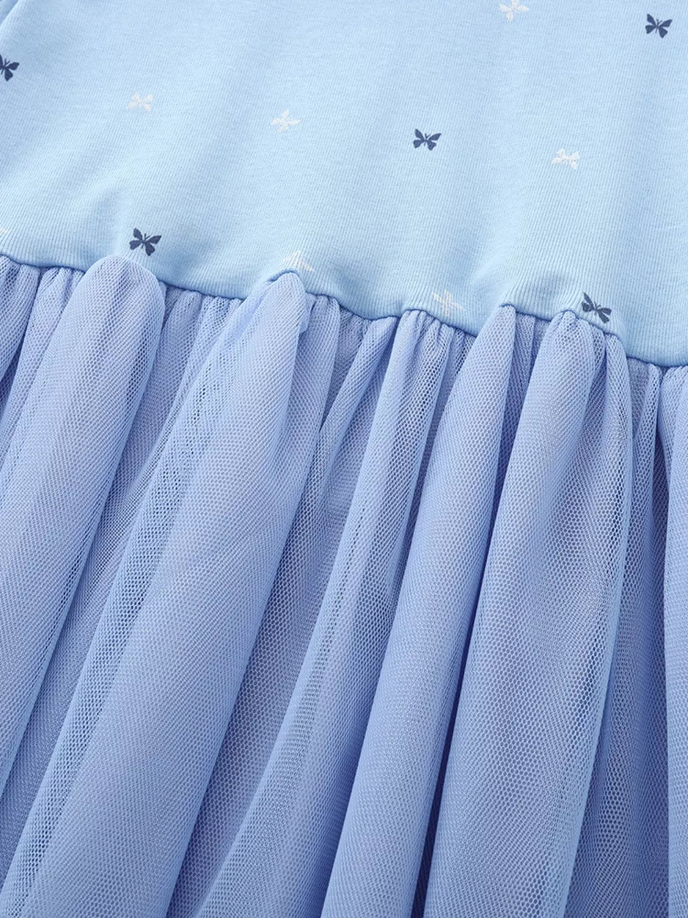 Baby girls' cerulean cotton dress with butterfly print and tulle skirt.