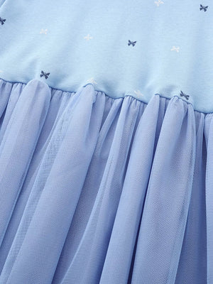 Baby girls' cerulean cotton dress with butterfly print and tulle skirt.