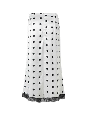 Polka Dot Midi Skirt With Lace Trim in White with lace
