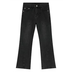 Black denim straight leg jeans with panel seam detailing and a slight flare.