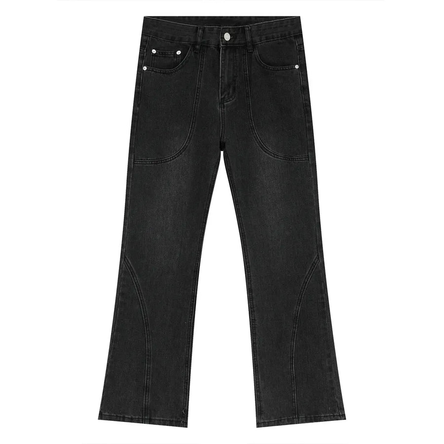 Black denim straight leg jeans with panel seam detailing and a slight flare.