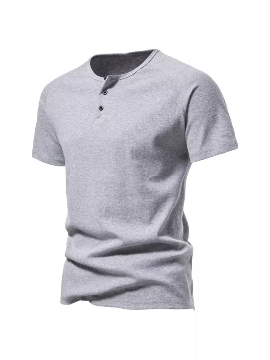 Men's light gray cotton henley t-shirt with button detail