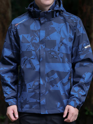 Blue camouflage windbreaker jacket with a hood and zip pockets.
