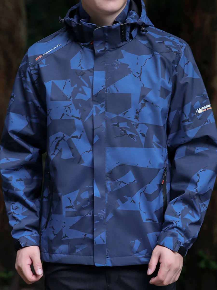 Blue camouflage windbreaker jacket with a hood and zip pockets.