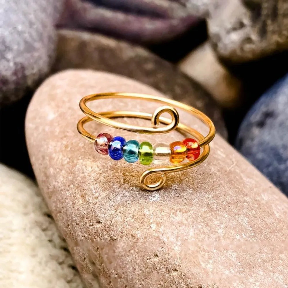 Gold spiral ring with rainbow beads, adjustable boho style