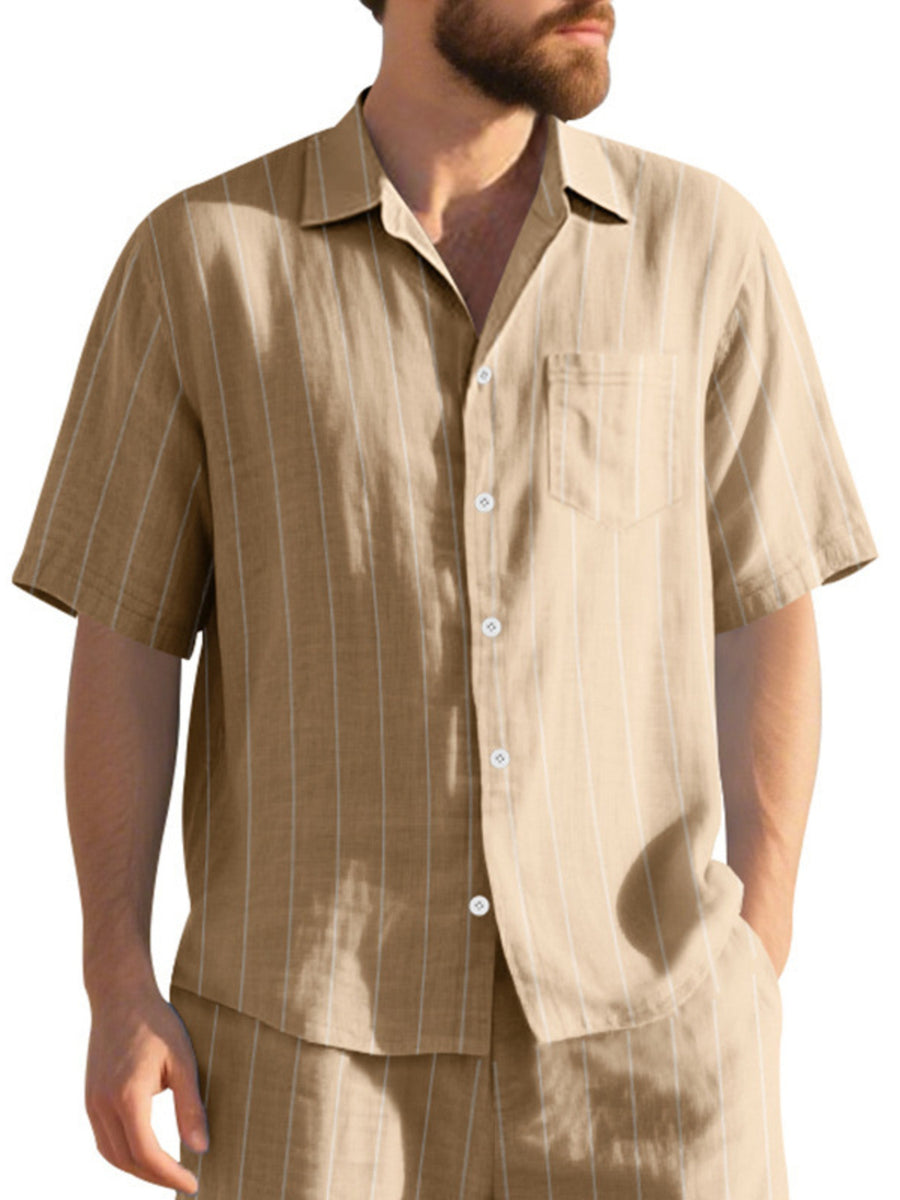 Khaki striped cotton camp collar short sleeve shirt with button front and chest pocket.