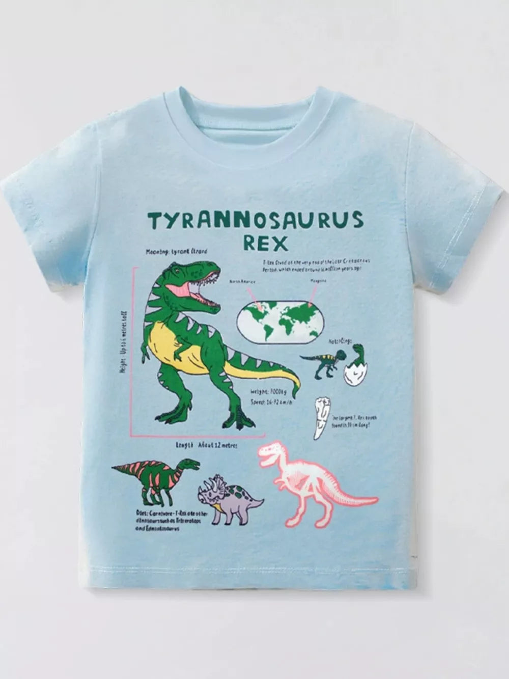 Light blue t-shirt with Tyrannosaurus Rex graphic and dinosaur facts