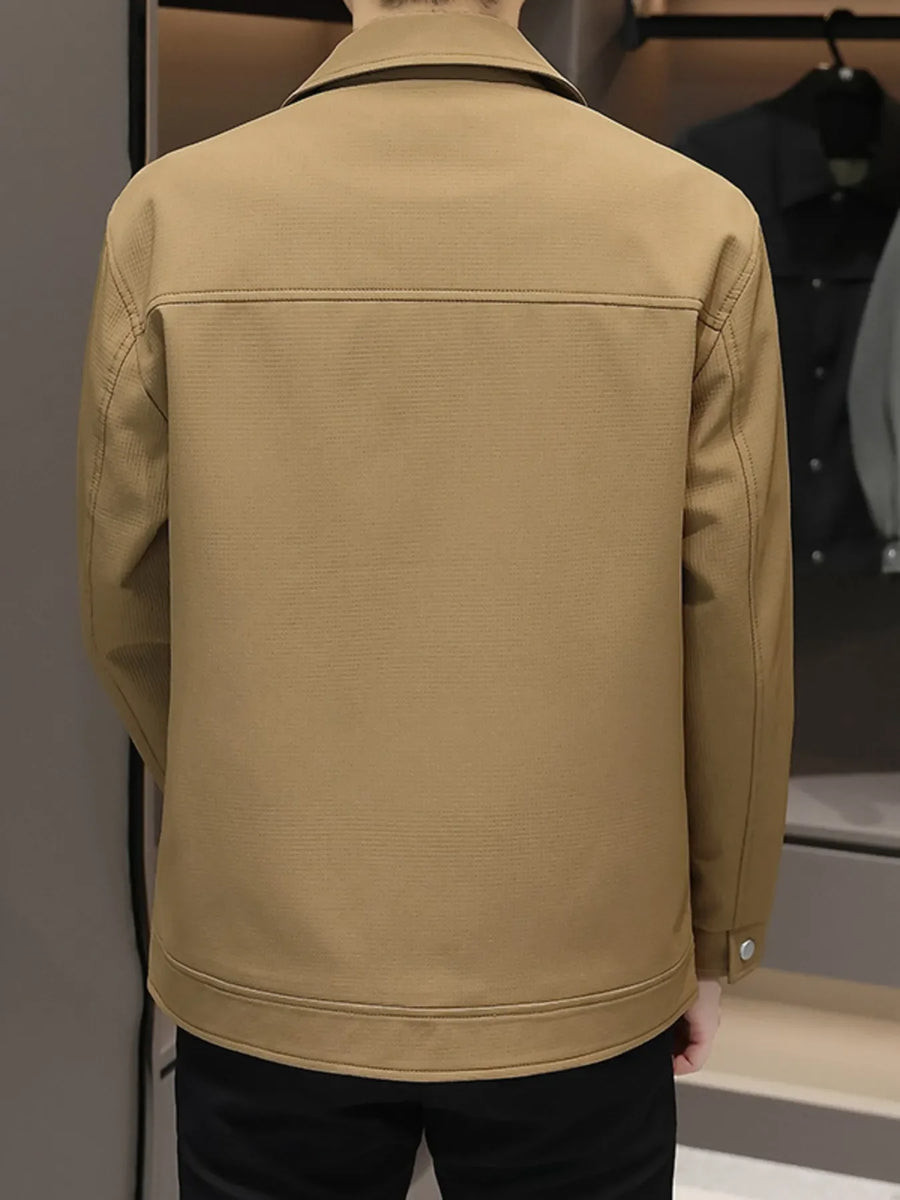 Men's plus-size caramel snap down jacket with textured fabric and a casual style.