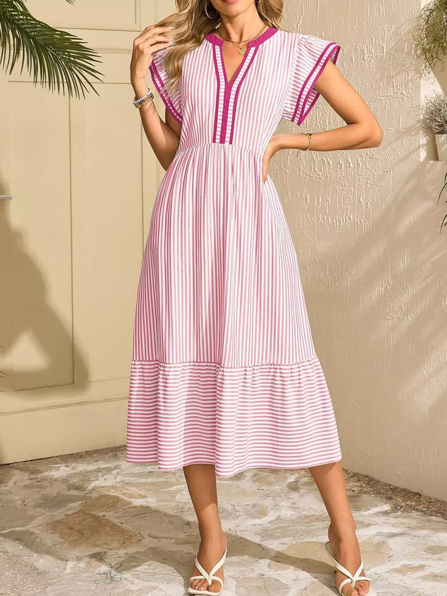 Pink striped midi dress with ruffle sleeves and notched V-neck.
