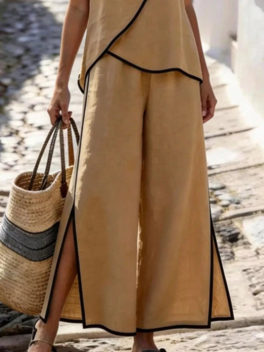 Pink Contrast Trim Top And Slit Pants Set
