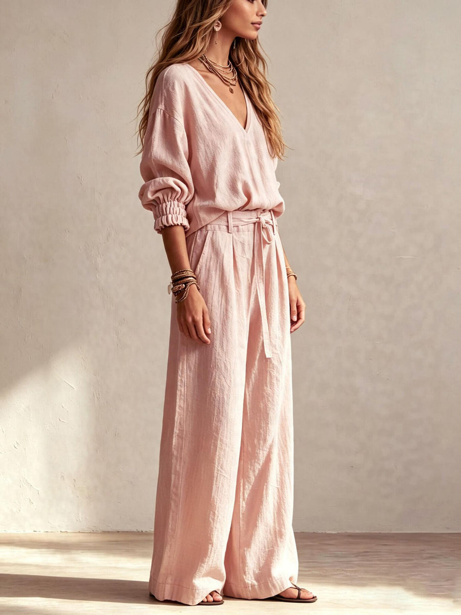 100% polyester Care instructions: Machine wash cold lounge set in blush pink with relaxed silhouette