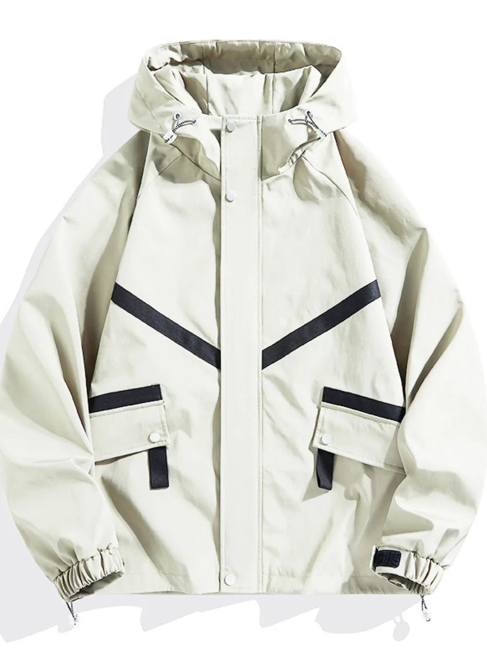 Light beige hooded jacket with black chevron stripe details and flap pockets.
