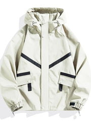 Light beige hooded jacket with black chevron stripe details and flap pockets.