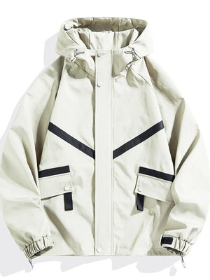 Light beige hooded jacket with black chevron stripe details and flap pockets.