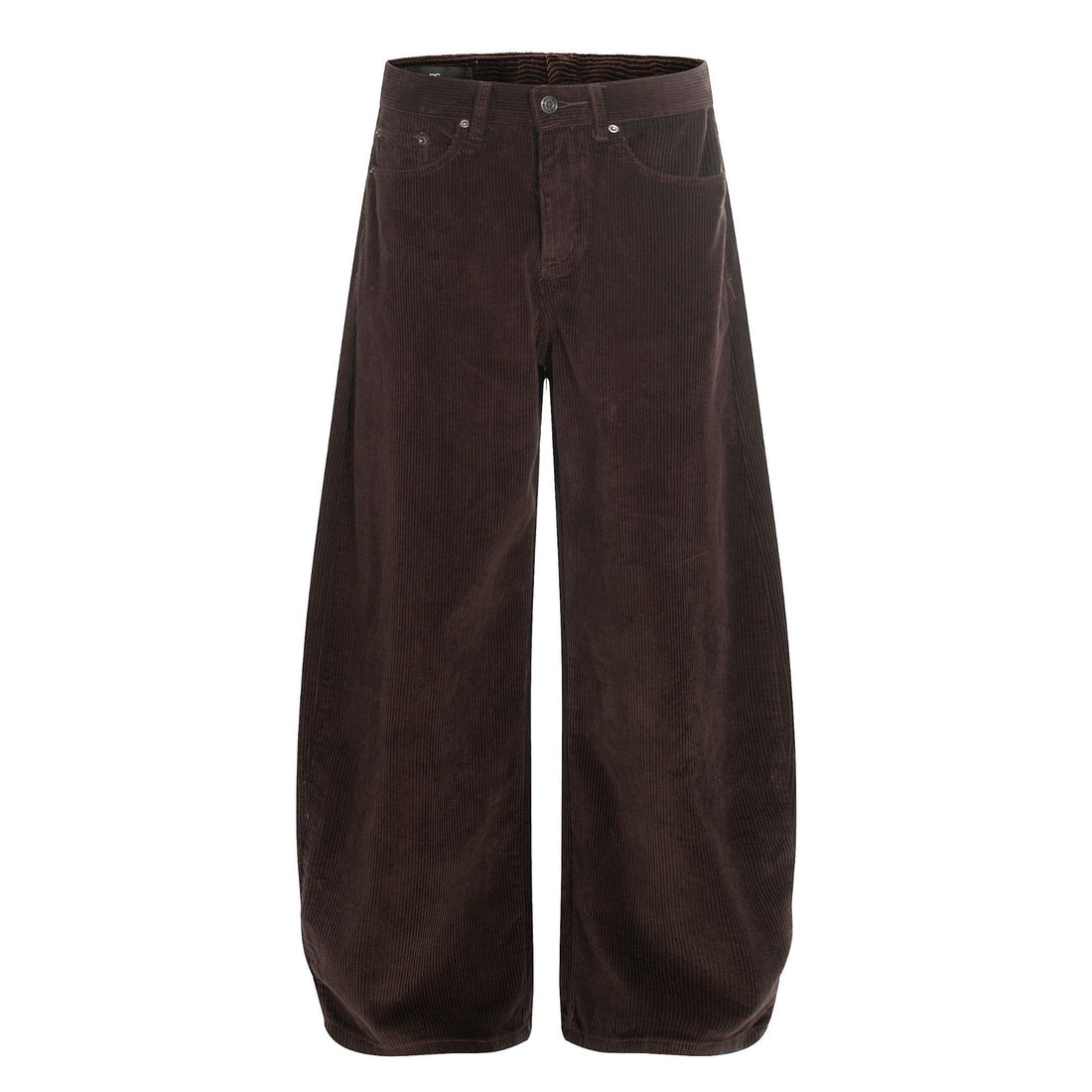 Brown corduroy wide-leg joggers with button fly and adjustable waist.