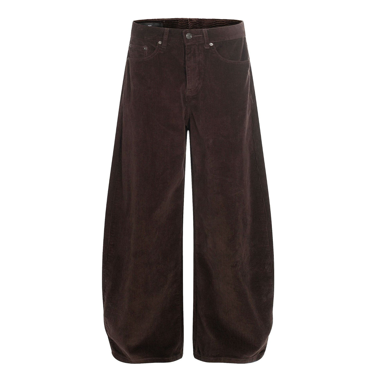Brown corduroy wide-leg joggers with button fly and adjustable waist.