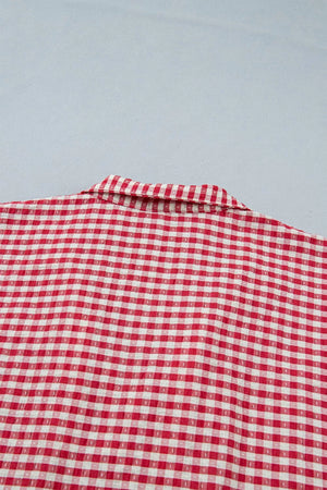 Strawberry gingham checkered maternity overshirt with a collared neckline.