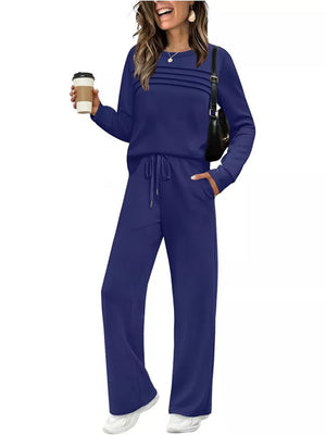 Brown Casual Long Sleeve Crewneck Top & Drawstring Pants Set