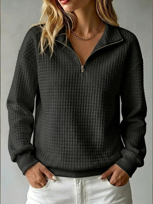 White sweatshirt with hip-length and quarter-zip
