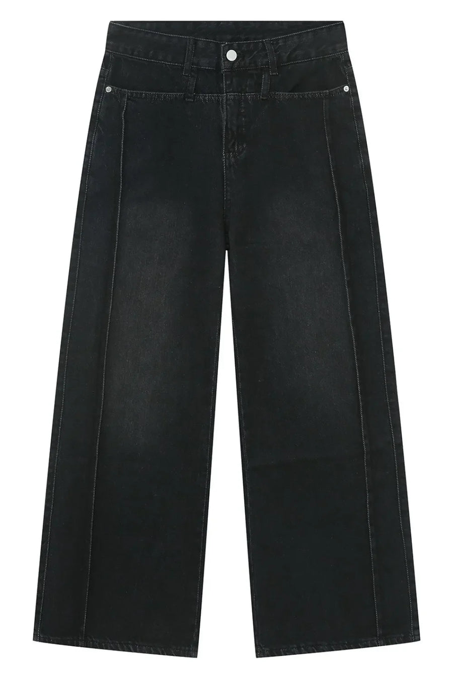 Dark wash cotton denim jeans with wide legs and vertical seams.