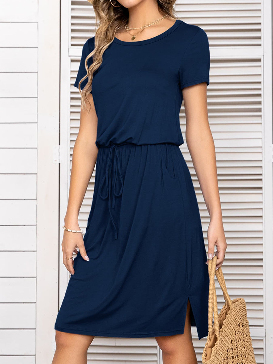 Navy midi dress with drawstring waist, short sleeves, round neck, and side slits.