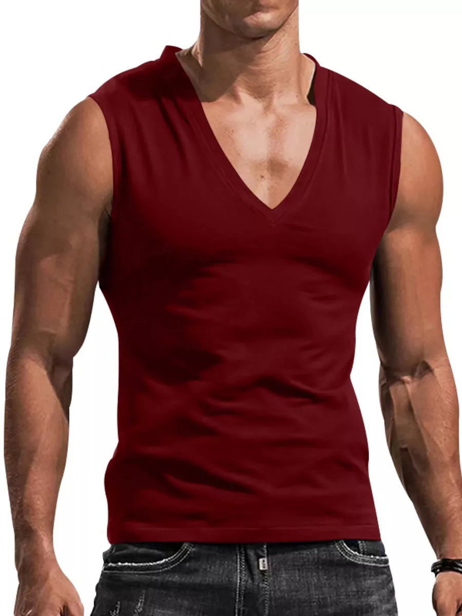 Burgundy Men's Full Size V-neck Tank Top Plus Size