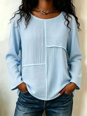 Textured Patchwork Long Sleeve Casual T-shirt in Black