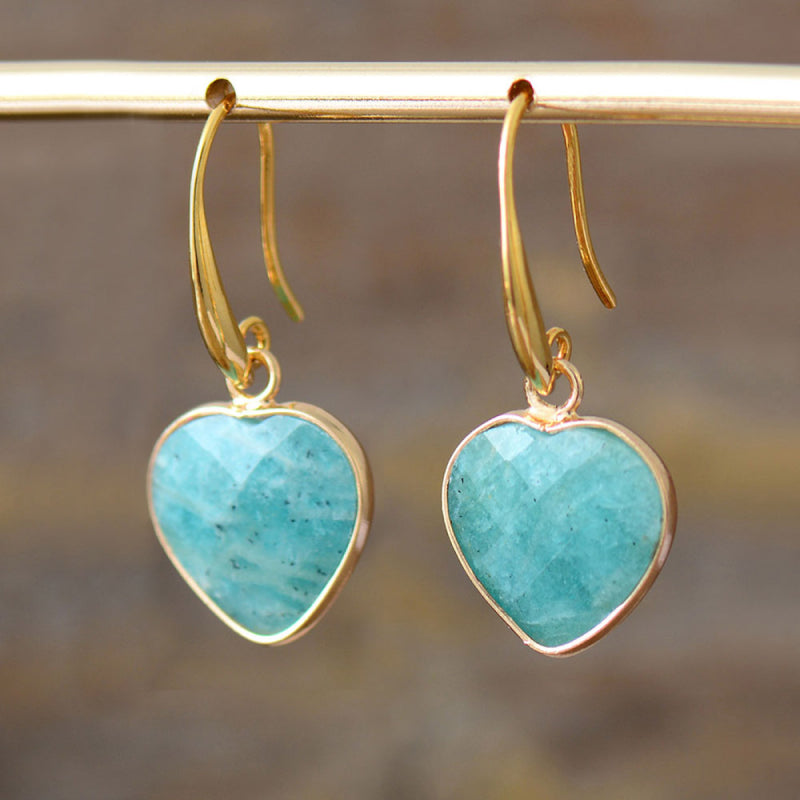 Amazonite heart drop earrings with gold-tone copper hooks.
