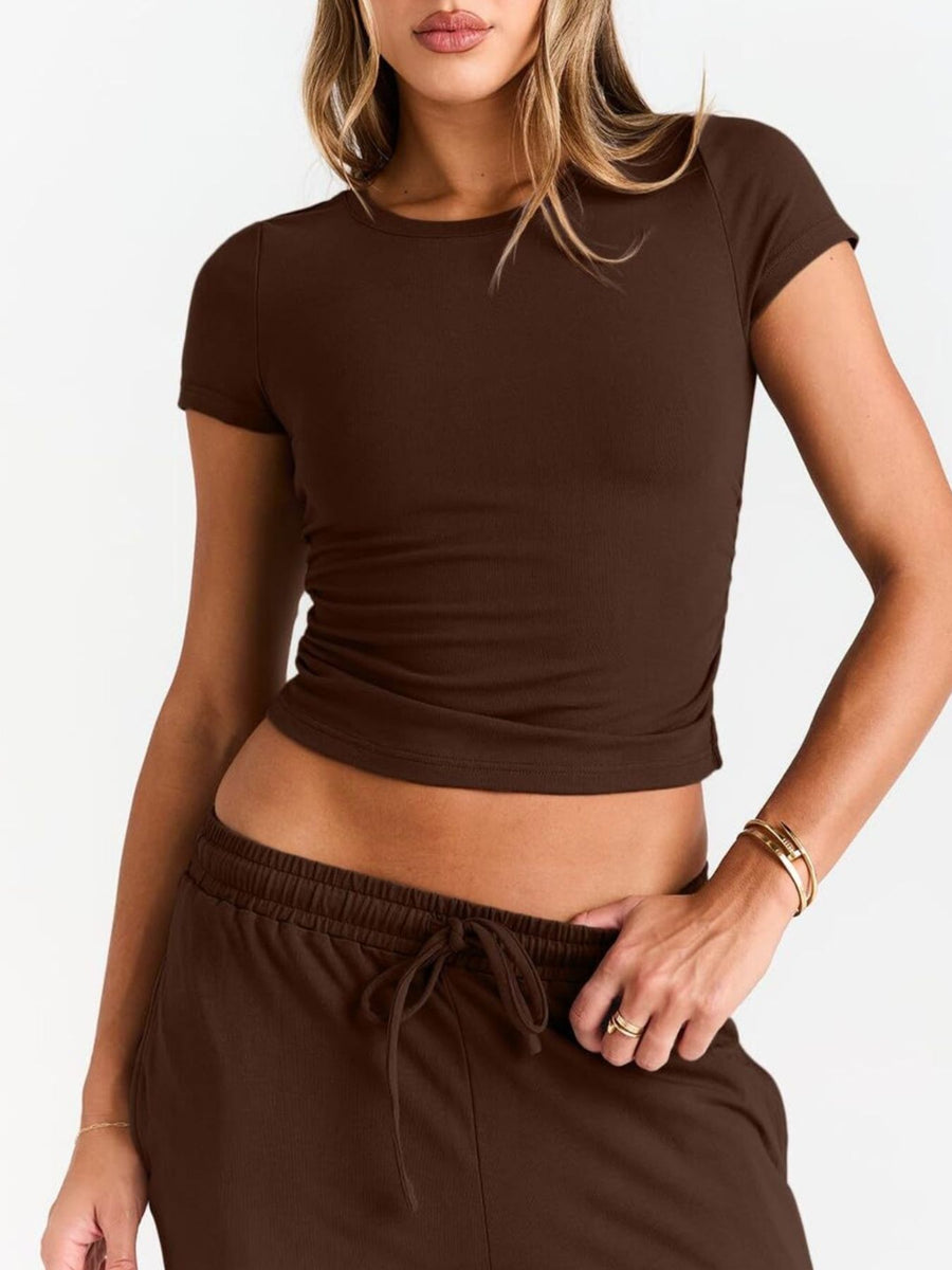 Brown round neck tee and relaxed pants with drawstring waist
