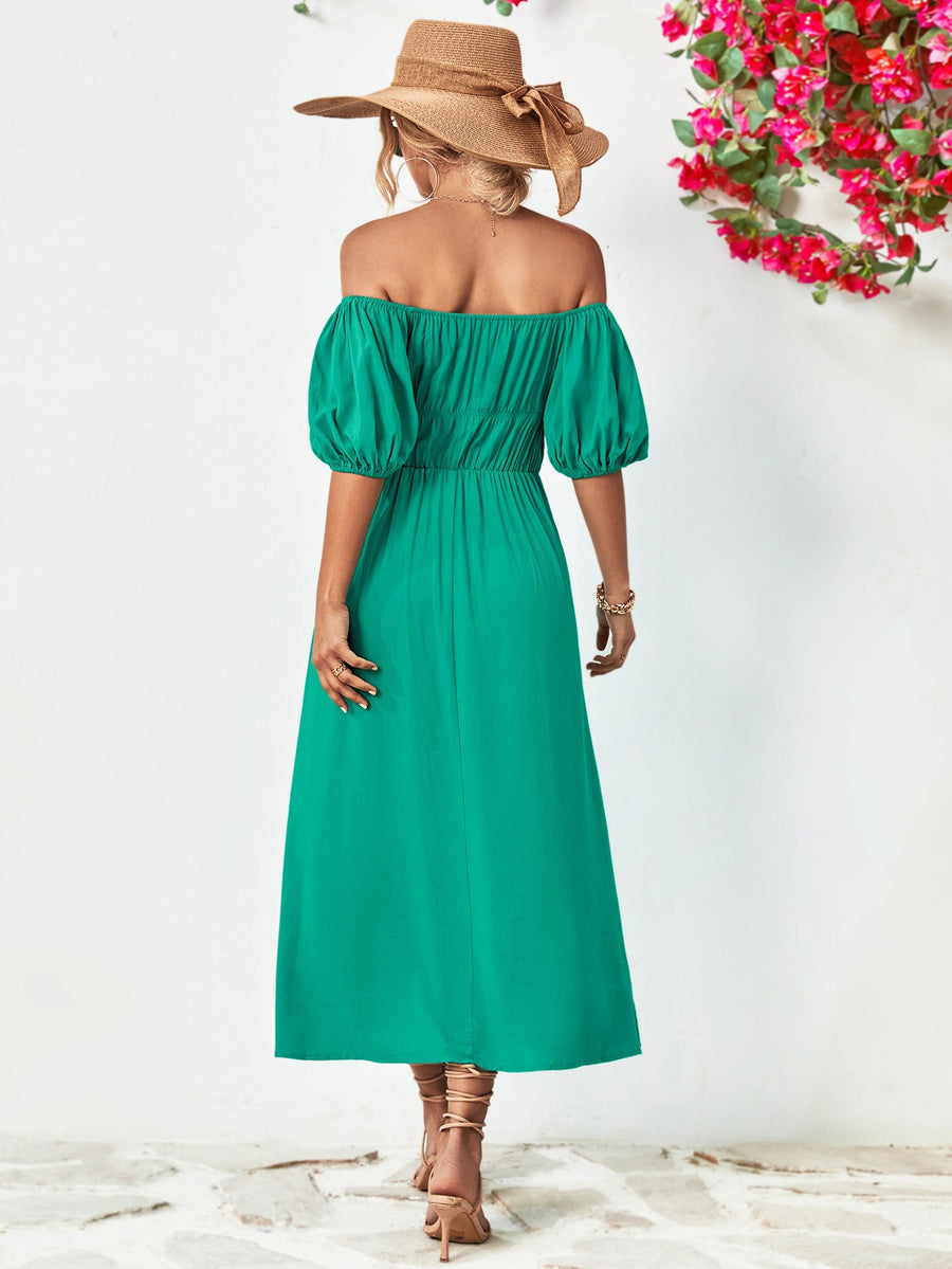 Gathered bodice off-shoulder midi dress in green with puff sleeves and A-line skirt.