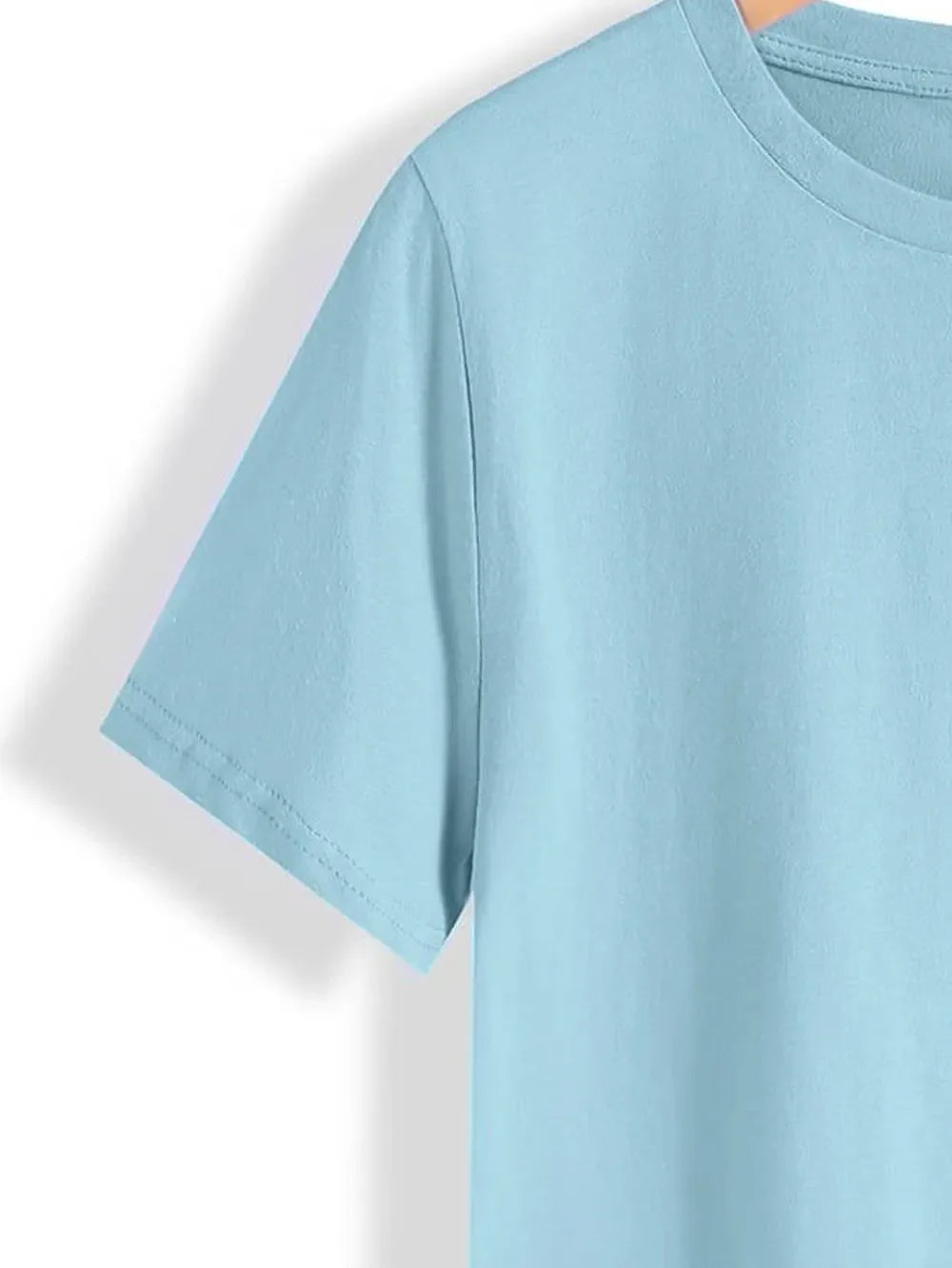 Light blue crewneck t-shirt with short sleeves and a clean hem.