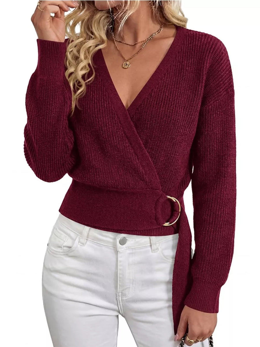 wrap sweater in rust with v-neck and long sleeve