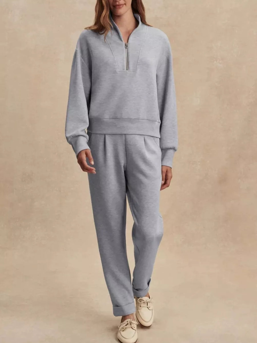 Quarter-zip Sweatshirt And Wide-leg Pants Set in Apricot