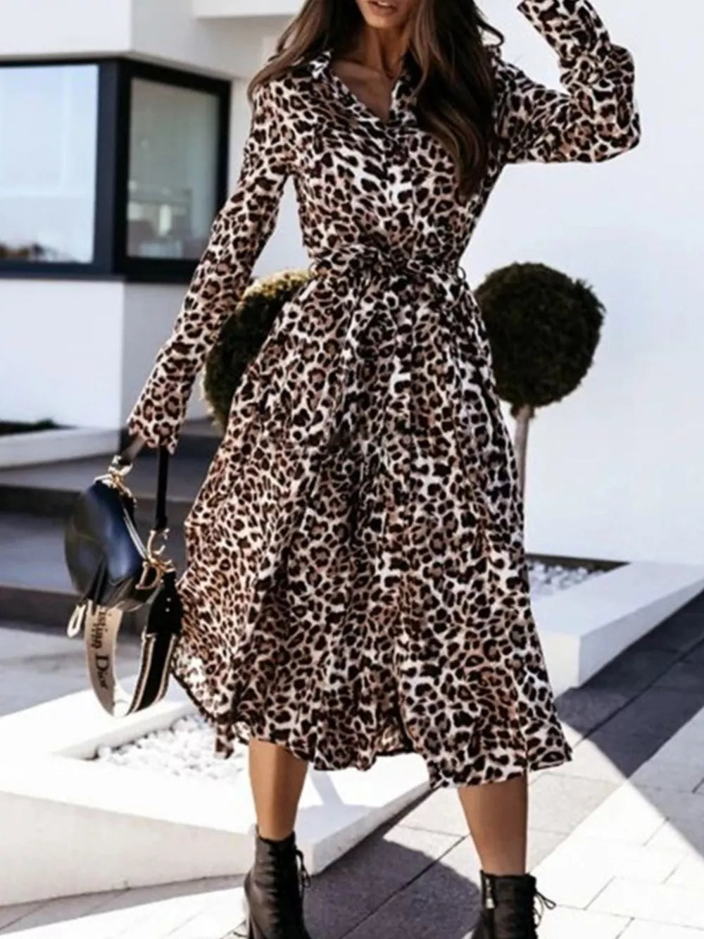 mini leopard print Leopard Print Button-down Midi Dress With Belt