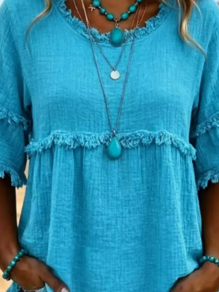 Full Size Frayed Edge Textured Blouse Plus Size in Purple with fringe