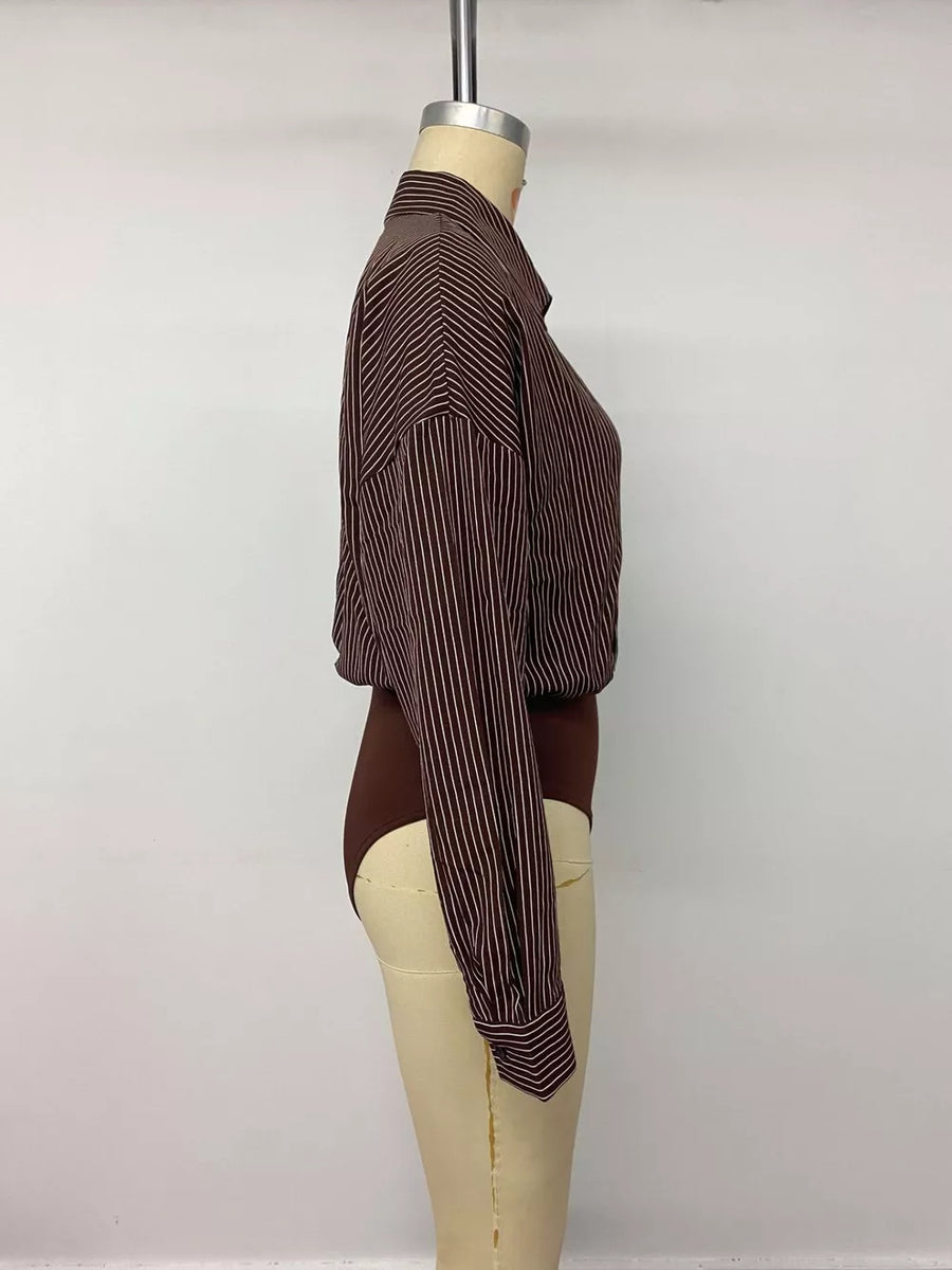 Striped Button-up Bodysuit in Brown, view 14