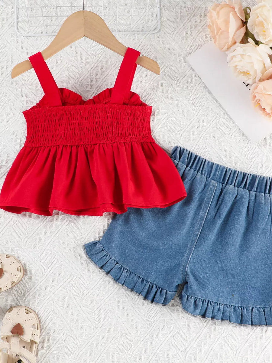 Red ruffled-trim smocked baby top with denim shorts set