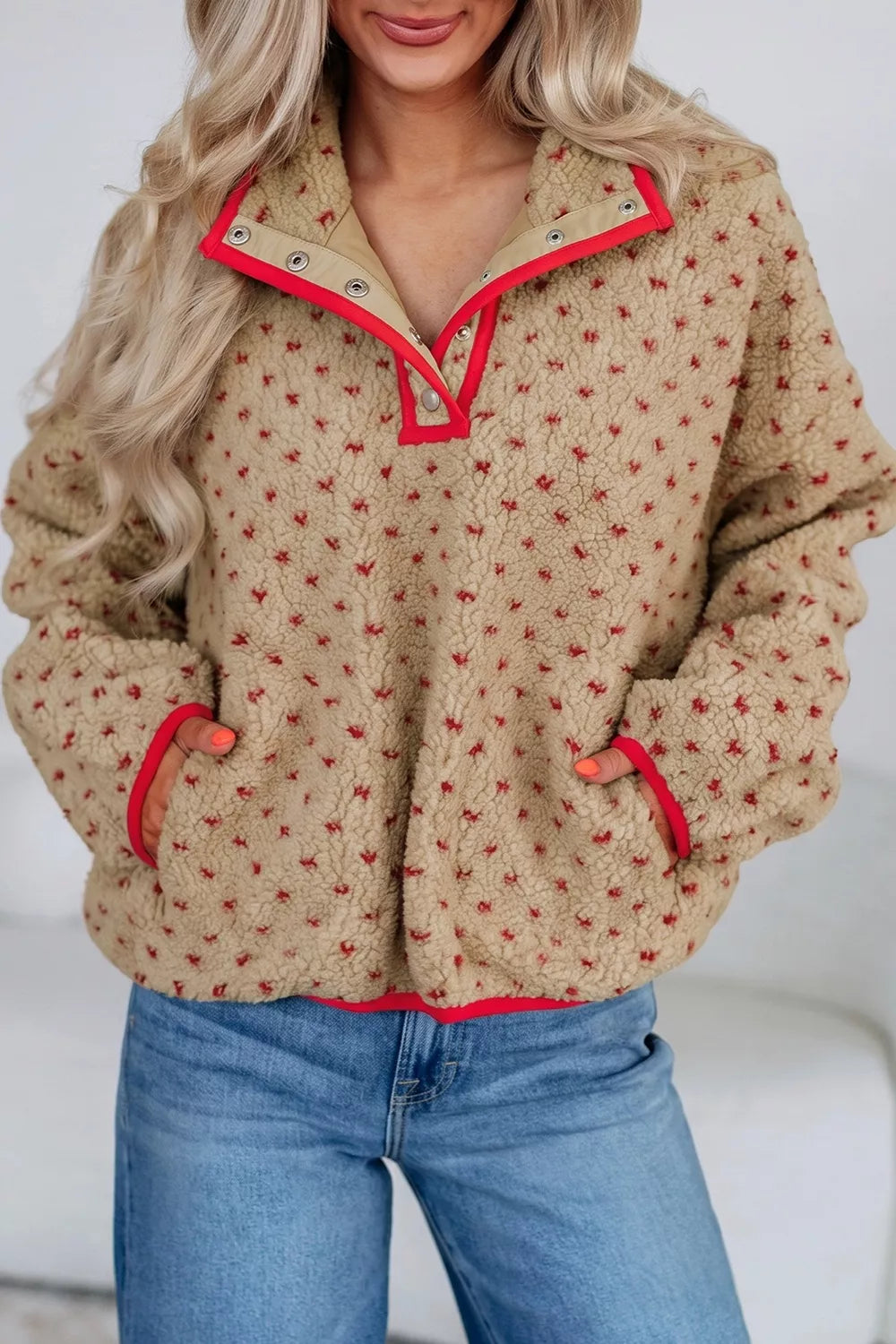 Camel Heart Pattern Fleece Colorblock Collar Sweatshirt