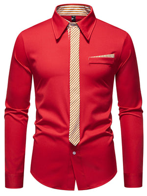 Red button-up shirt with striped detail and pocket