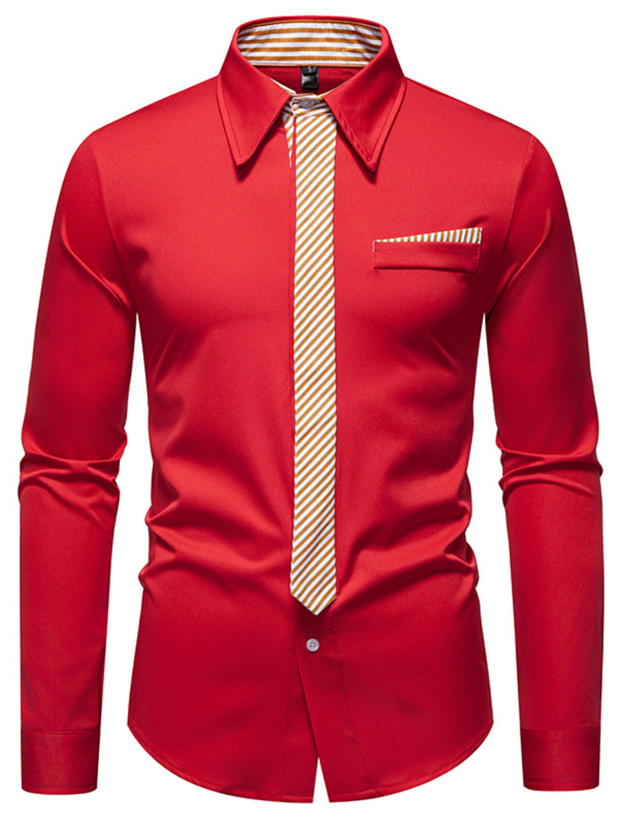 Red button-up shirt with striped detail and pocket