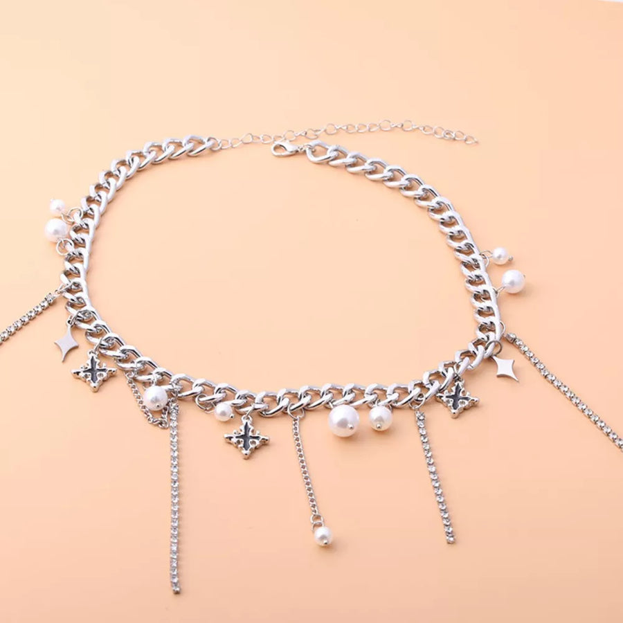 Tassel Star-moon Synthetic Pearl Pendant Choker option 5