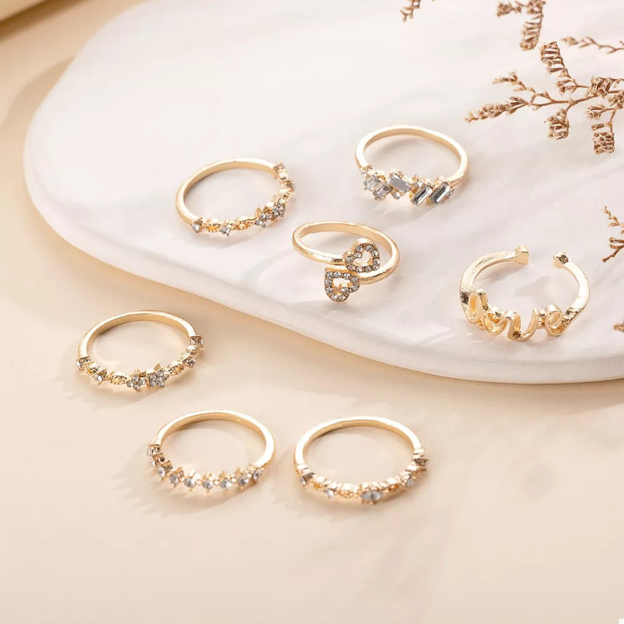 7 Piece 18k Gold-plated Love Zircon Ring Set in gold with 7-piece set