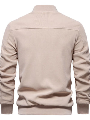 Taupe textured knit bomber jacket with faux shearling collar detail