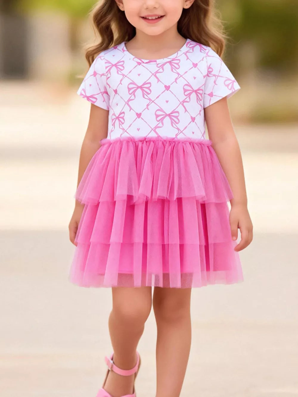 Baby girl's pink tulle tiered dress with white bowknot print bodice