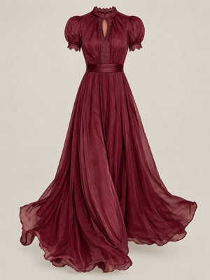 maxi dress in plum with mock neck and puff sleeve