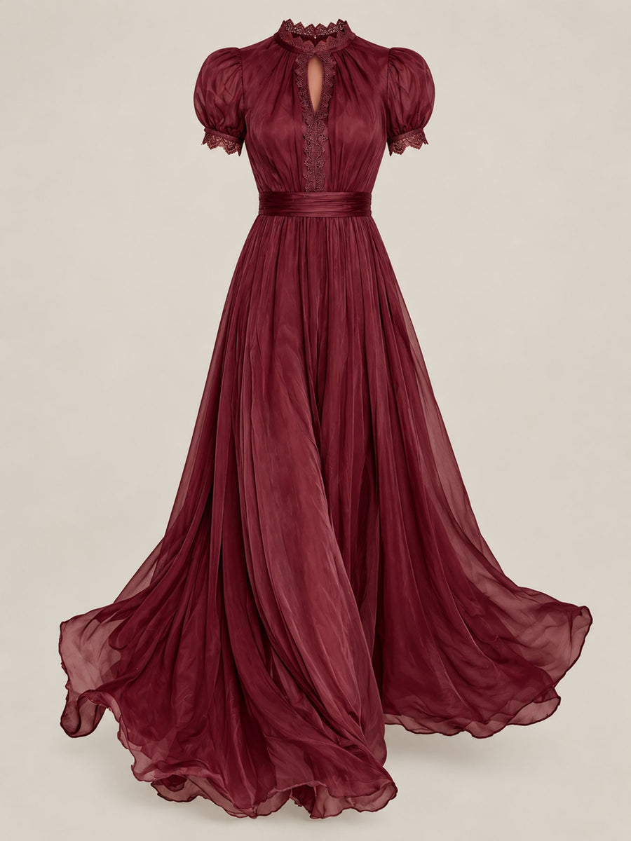maxi dress in plum with mock neck and puff sleeve