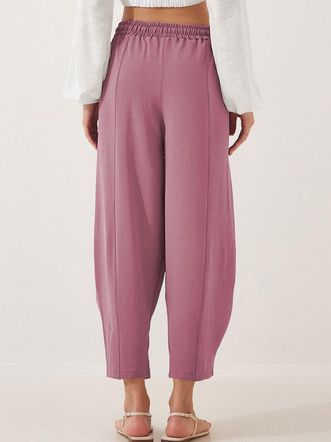 Textured seamed balloon crop trousers in Moonlit Mauve with elastic waist